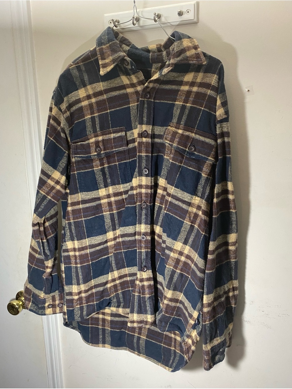Men's Plaid Shirt Jacket in Navy, Brown & Cream